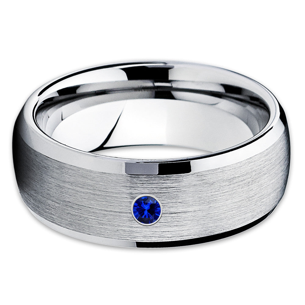 Silver Tungsten Wedding Band - Blue Sapphire Tungsten Ring - 8mm - Brush - Clean Casting Jewelry