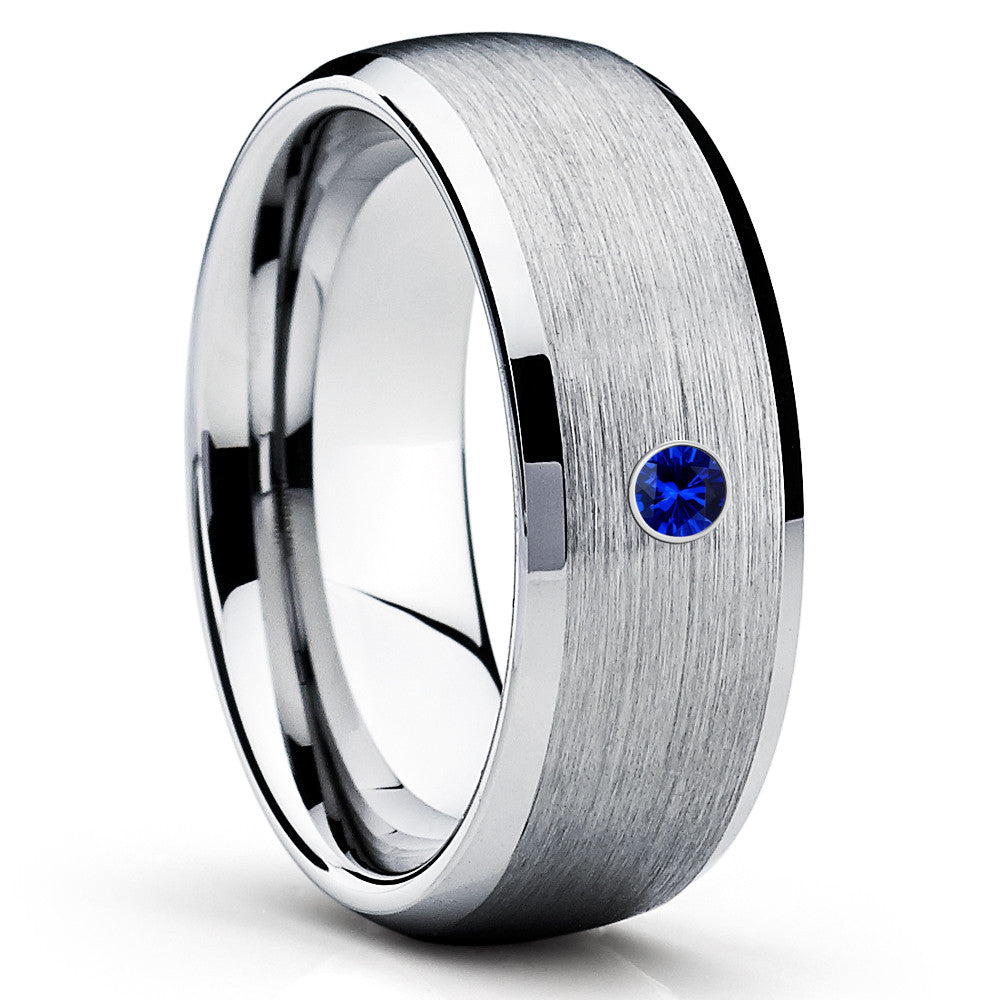 Silver Tungsten Wedding Band - Blue Sapphire Tungsten Ring - 8mm - Brush - Clean Casting Jewelry