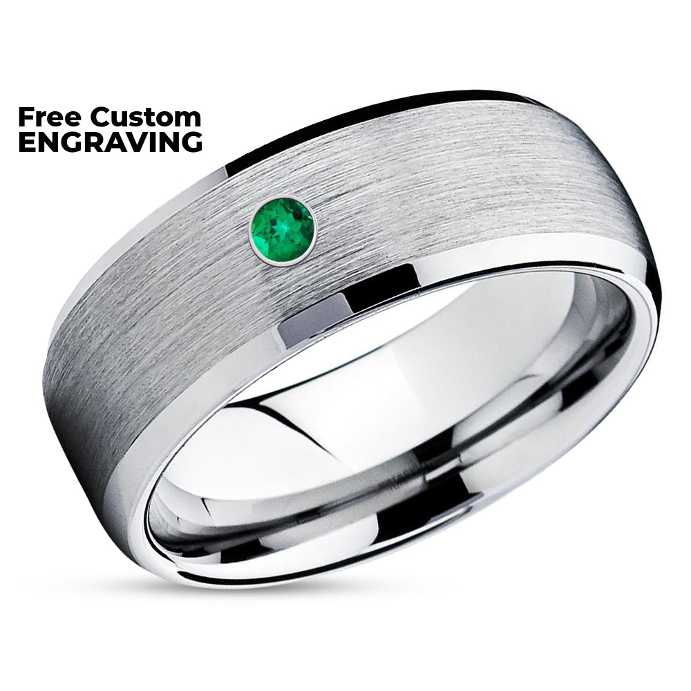 Emerald Wedding Ring  - Tungsten Wedding Band - 8mm Tungsten Ring -  Silver Wedding Band