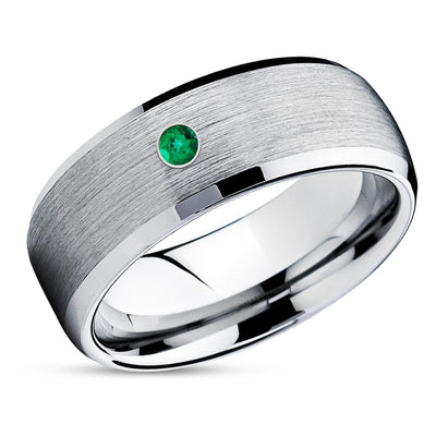 Emerald Wedding Ring  - Tungsten Wedding Band - 8mm Tungsten Ring -  Silver Wedding Band