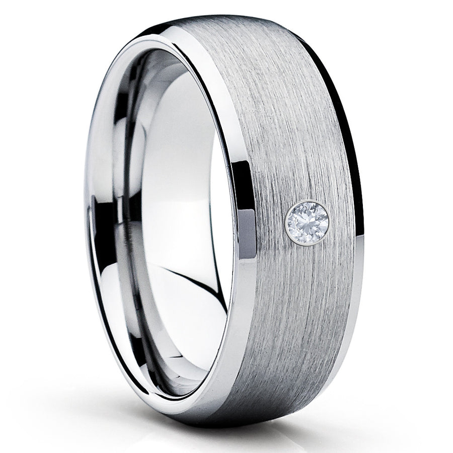 Tungsten Wedding Band - Silver Tungsten - White Diamond Ring - 8mm - Clean Casting Jewelry 