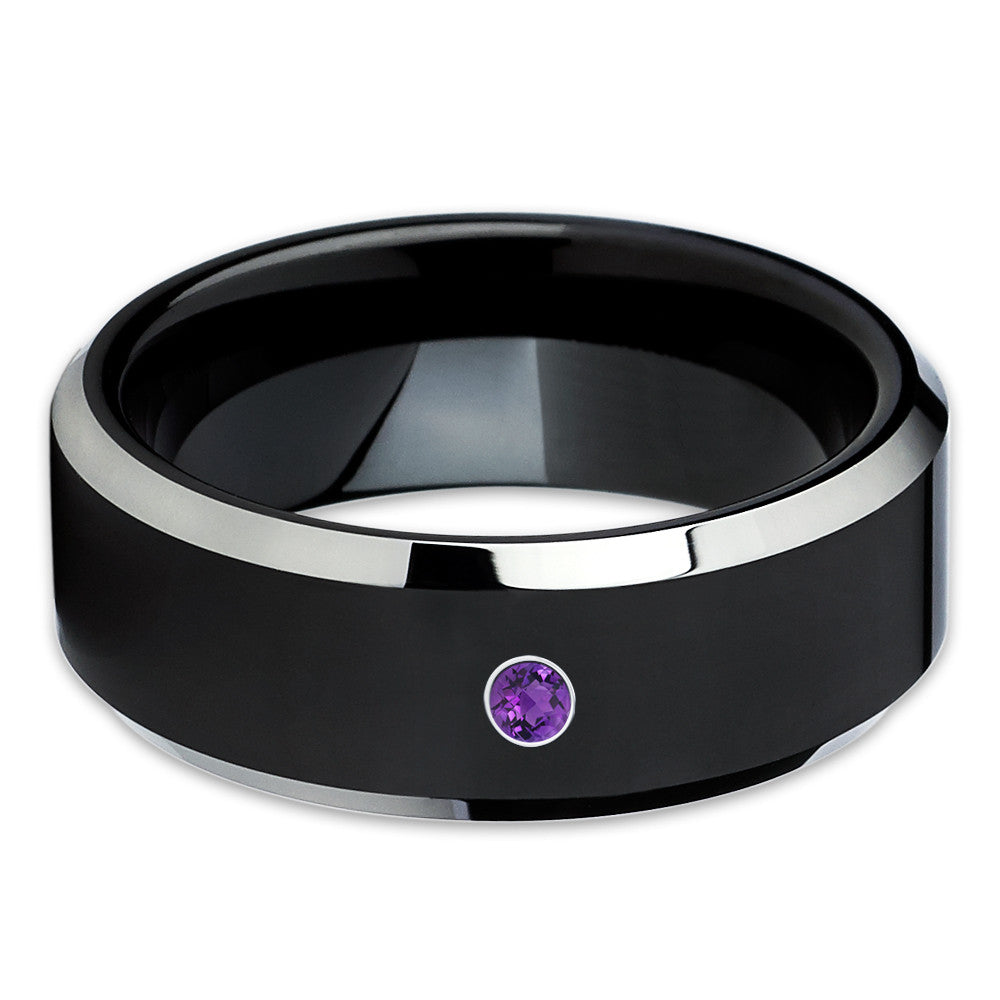 Black Tungsten Wedding Band - Amethyst Wedding Band - Black Tungsten Ring - Clean Casting Jewelry