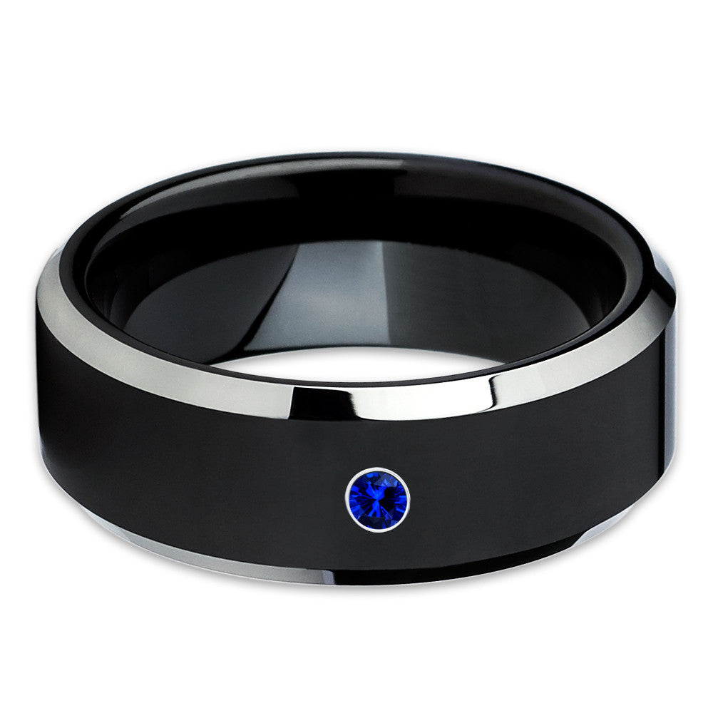 Black Tungsten Wedding Band - Blue Sapphire Ring - Black Tungsten Ring - Clean Casting Jewelry