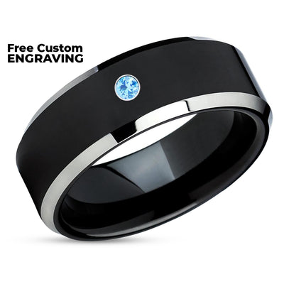 Black Tungsten Band - Aquamarine Tungsten Wedding Band - Black Tungsten Ring - Black