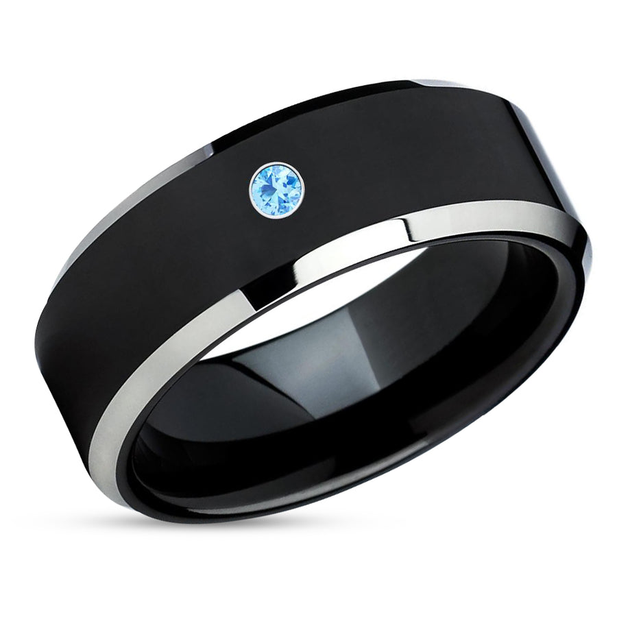 Black Tungsten Band - Aquamarine Tungsten Wedding Band - Black Tungsten Ring - Black