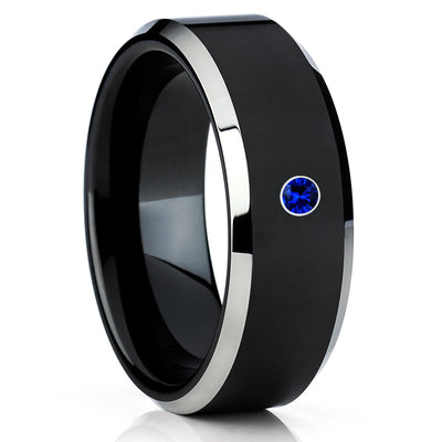 Black Tungsten Wedding Band - Blue Sapphire Ring - Black Tungsten Ring - Clean Casting Jewelry