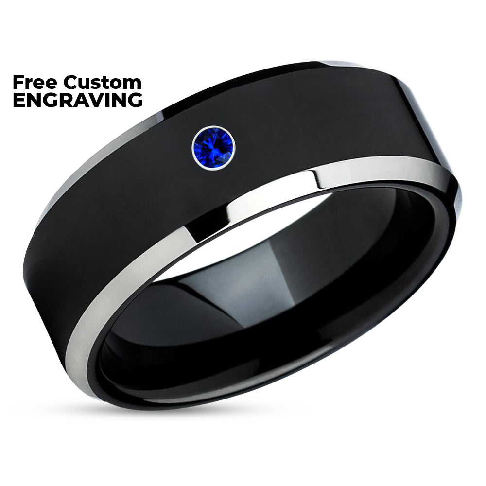 Black Wedding Ring - Tungsten Wedding Ring - Blue Sapphire Ring - Black Ring - Anniversary