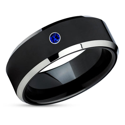 Black Wedding Ring - Tungsten Wedding Ring - Blue Sapphire Ring - Black Ring - Anniversary
