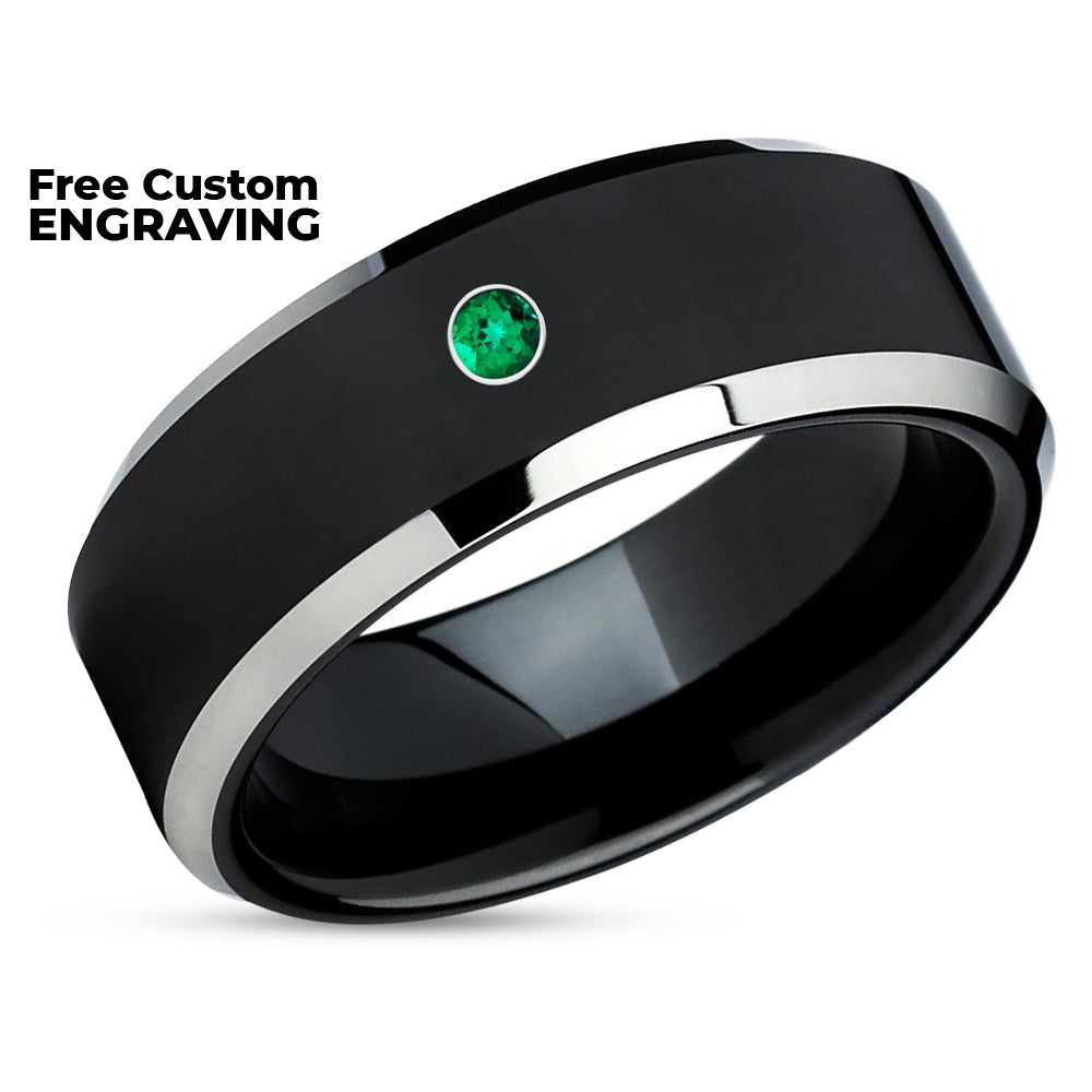 Emerald Wedding Ring - Tungsten Wedding Band - Black Wedding Band - Engagement Ring