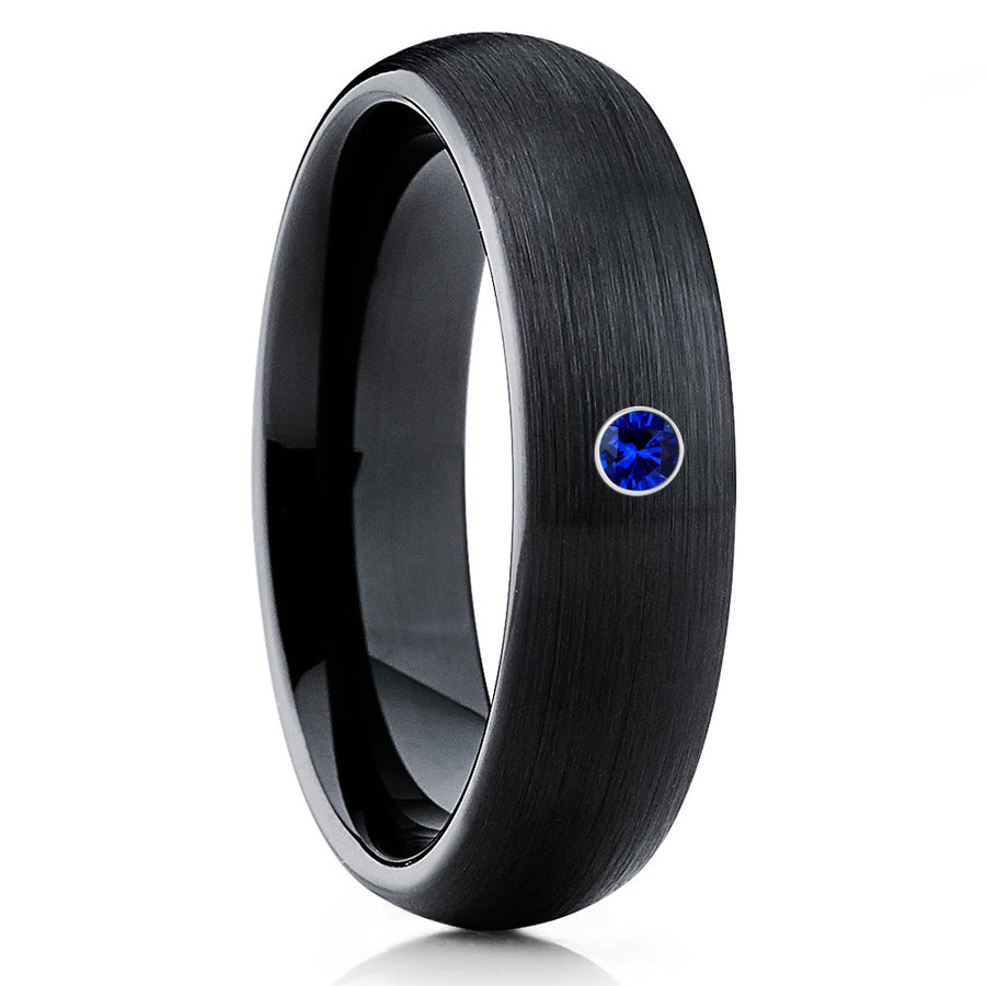 Blue Sapphire Ring - Black Tungsten Ring - Black Wedding Band - Brush - Clean Casting Jewelry 