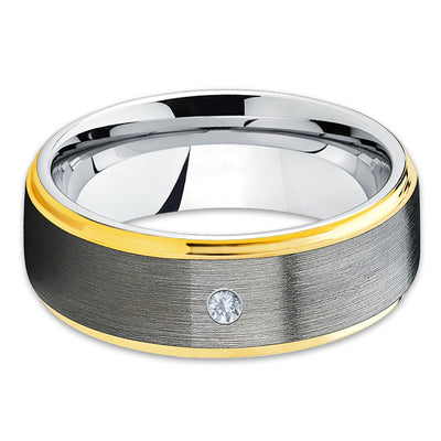 Gray Tungsten Wedding Band - White Diamond Tungsten Ring - Brush - Clean Casting Jewelry