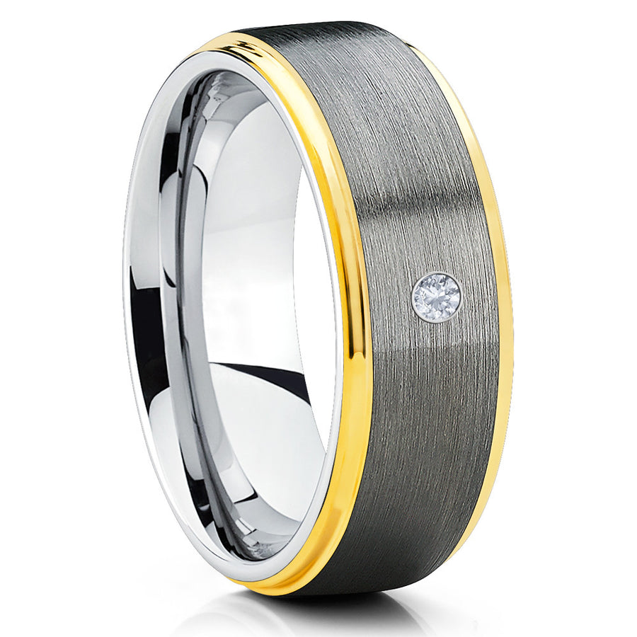 Gray Tungsten Wedding Band - White Diamond Tungsten Ring - Brush - Clean Casting Jewelry 
