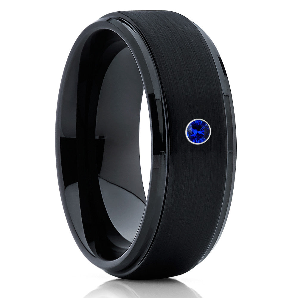 Black Tungsten Ring - Blue Sapphire Ring - Black Tungsten Band - Brush - Clean Casting Jewelry