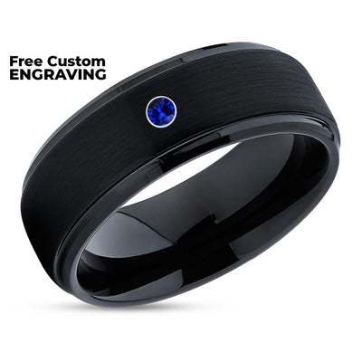 Black Tungsten Wedding Ring - Blue Sapphire Ring - Black Wedding Band - Tungsten Carbide