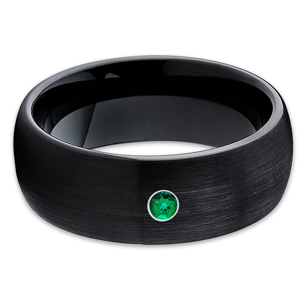 Black Tungsten Ring - Emerald - Tungsten Wedding Band - Men's Ring - Brush - Clean Casting Jewelry