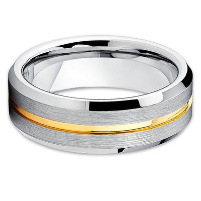 Yellow Gold Tungsten - 7mm - Tungsten Wedding Band - Silver Brush Ring - Clean Casting Jewelry