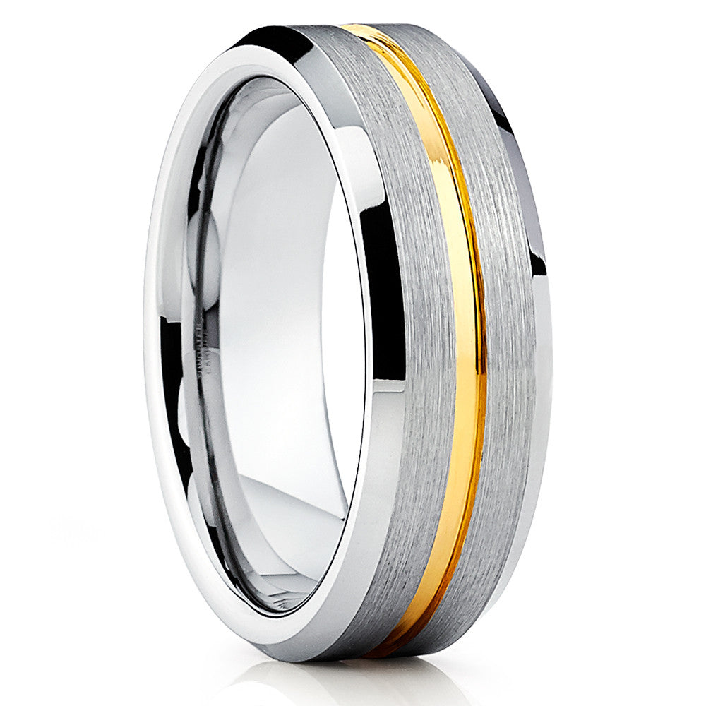 Yellow Gold Tungsten - 7mm - Tungsten Wedding Band - Silver Brush Ring - Clean Casting Jewelry