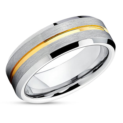 Yellow Gold Tungsten - 7mm - Tungsten Wedding Band - Silver Brush Ring - Wedding Ring