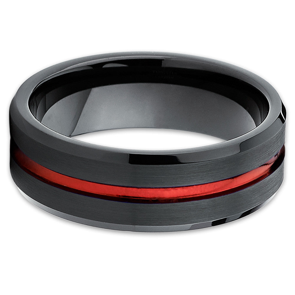 Red Tungsten Wedding Band - Black Ring - Tungsten Wedding Ring 8mm - Clean Casting Jewelry
