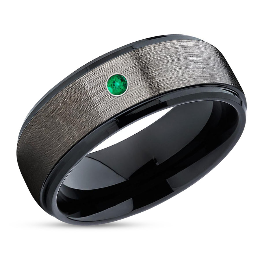 Gunmetal Wedding Ring - BlacK Tungsten Ring - Emerald Wedding Ring - Anniversary Ring