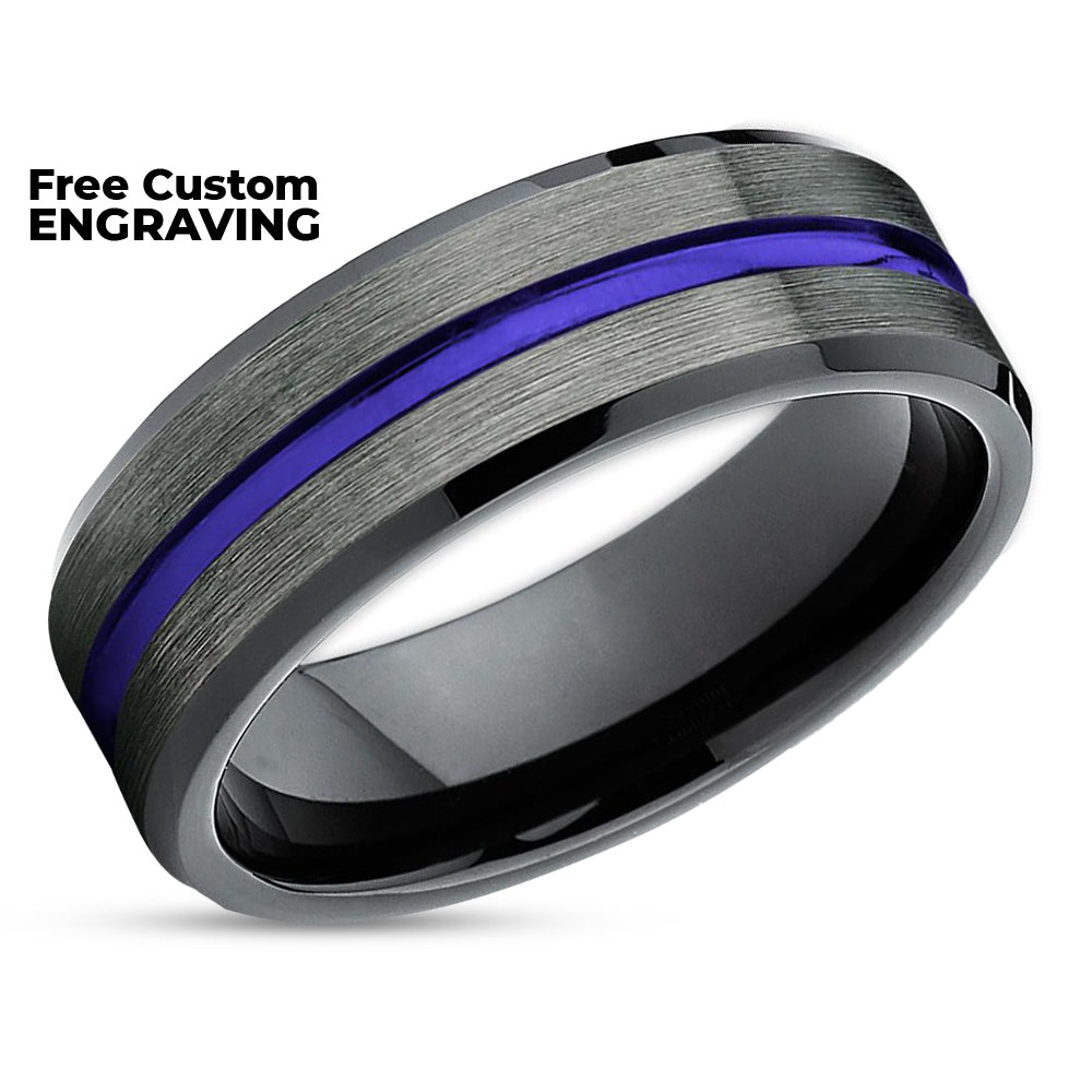 Gunmetal Wedding Ring - Blue Wedding Band - Tungsten Wedding Ring - Black Ring