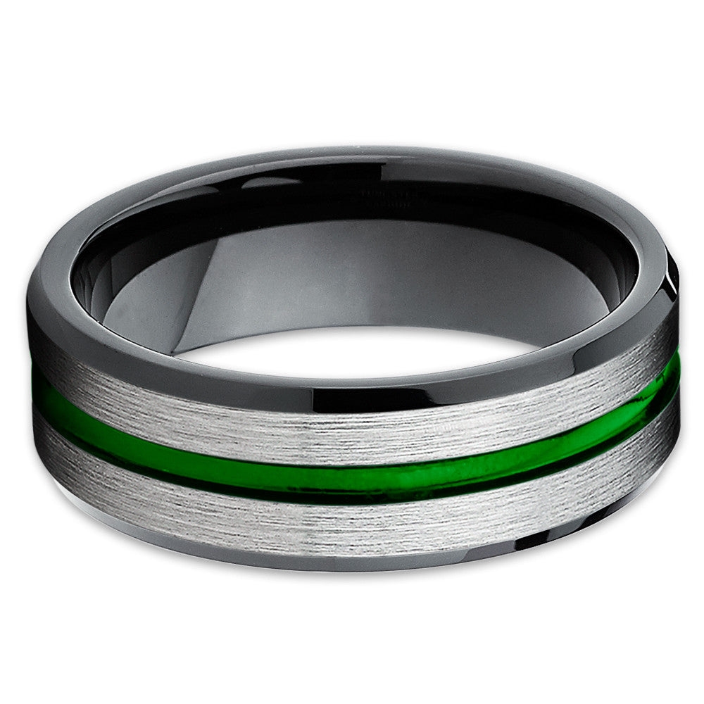 Green Tungsten Ring - Green Wedding Ring - Tungsten Wedding Band Brush - Clean Casting Jewelry
