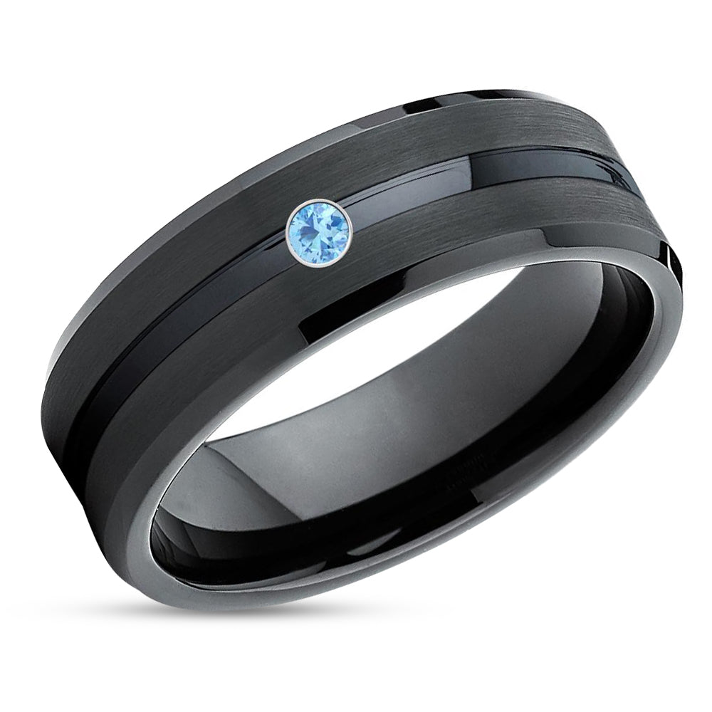 Aquamarine Wedding Band - Black Wedding Ring - Tungsten Wedding Band - Black Ring - Engagement