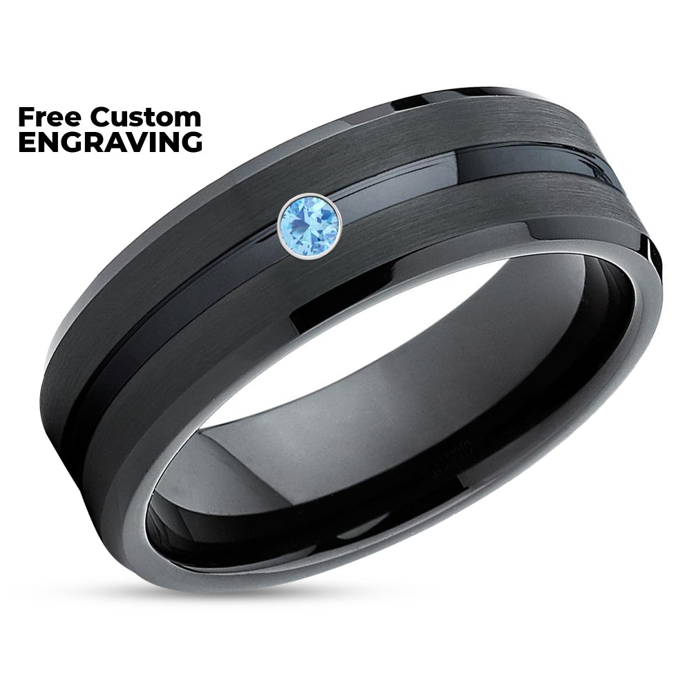 Aquamarine Wedding Band Black Wedding Ring Tungsten Wedding Band Black Ring Engagement