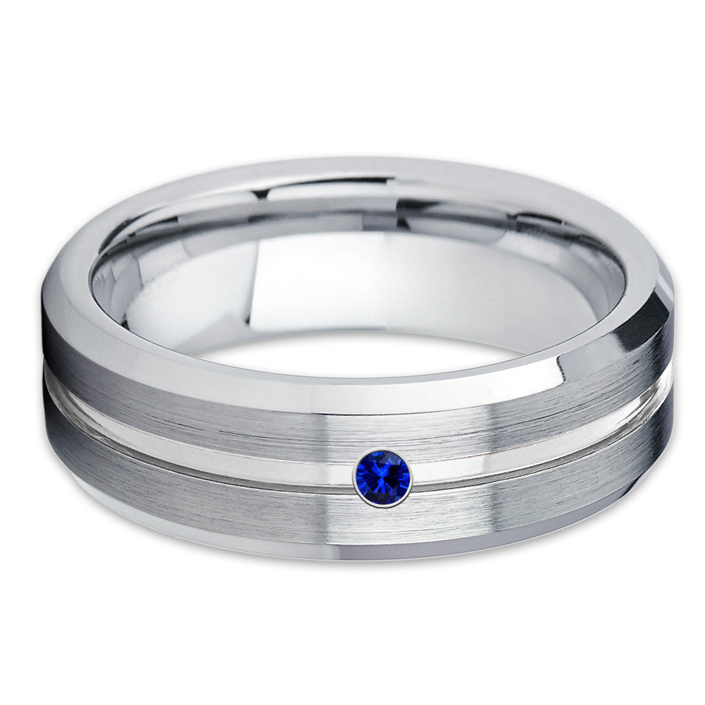 Blue Sapphire Ring - Tungsten Wedding Band - Brushed Ring - Tungsten Ring - Clean Casting Jewelry