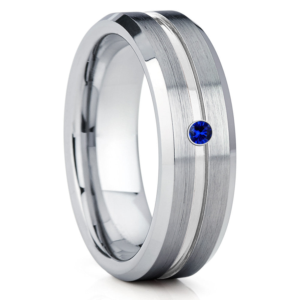 Blue Sapphire Ring - Tungsten Wedding Band - Brushed Ring - Tungsten Ring - Clean Casting Jewelry