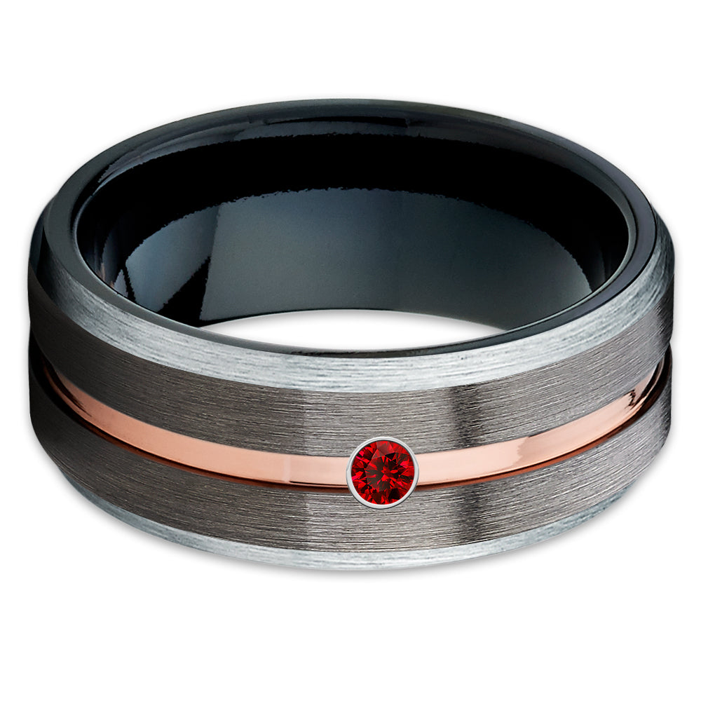 Ruby Tungsten Wedding Band - Ruby Wedding Band - Gunmetal Tungsten Ring - Clean Casting Jewelry