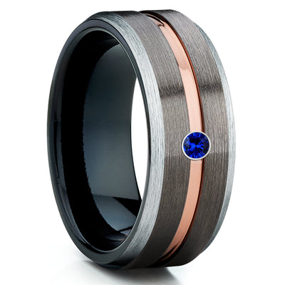 Blue Sapphire Tungsten Ring - Gunmetal - Black Tungsten Wedding Band - Brush - Clean Casting Jewelry