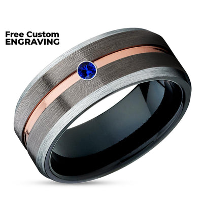 Gunmetal Wedding Band - Blue Sapphire Ring - Black Tungsten Ring - Rose Gold Ring - Wedding Ring