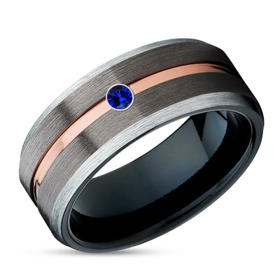 Gunmetal Wedding Band - Blue Sapphire Ring - Black Tungsten Ring - Rose Gold Ring - Wedding Ring
