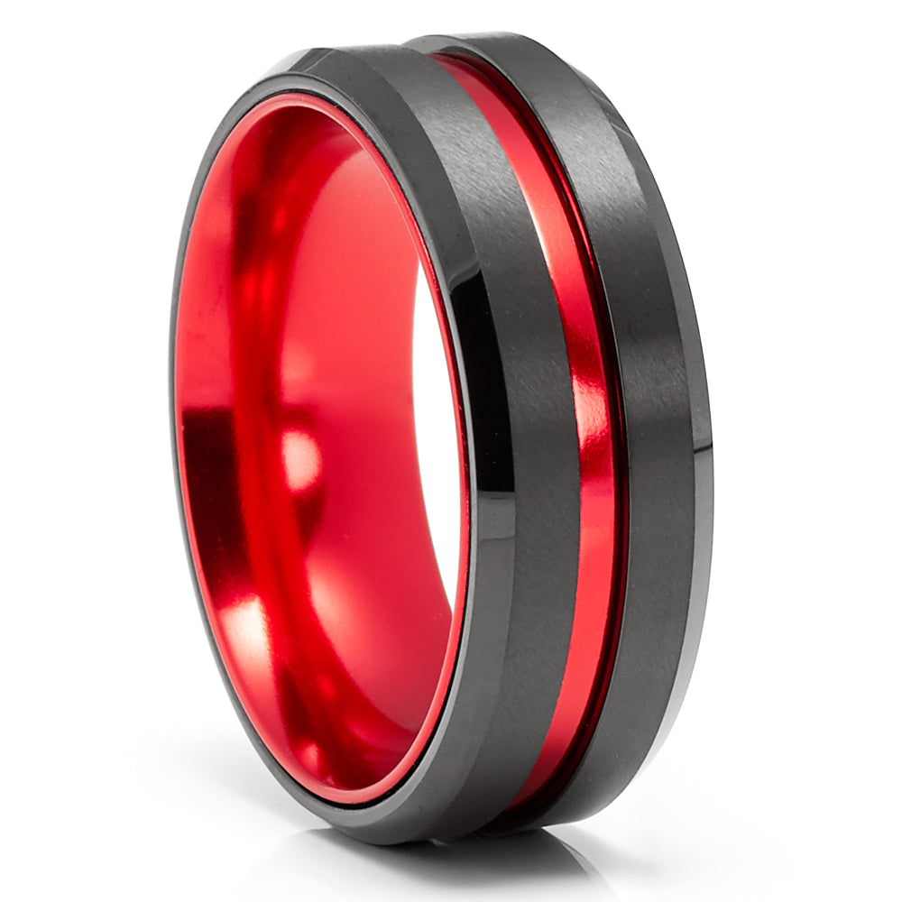 Red Tungsten Wedding Ring - Black Tungsten Ring - Red Wedding Ring - Red Wedding Band