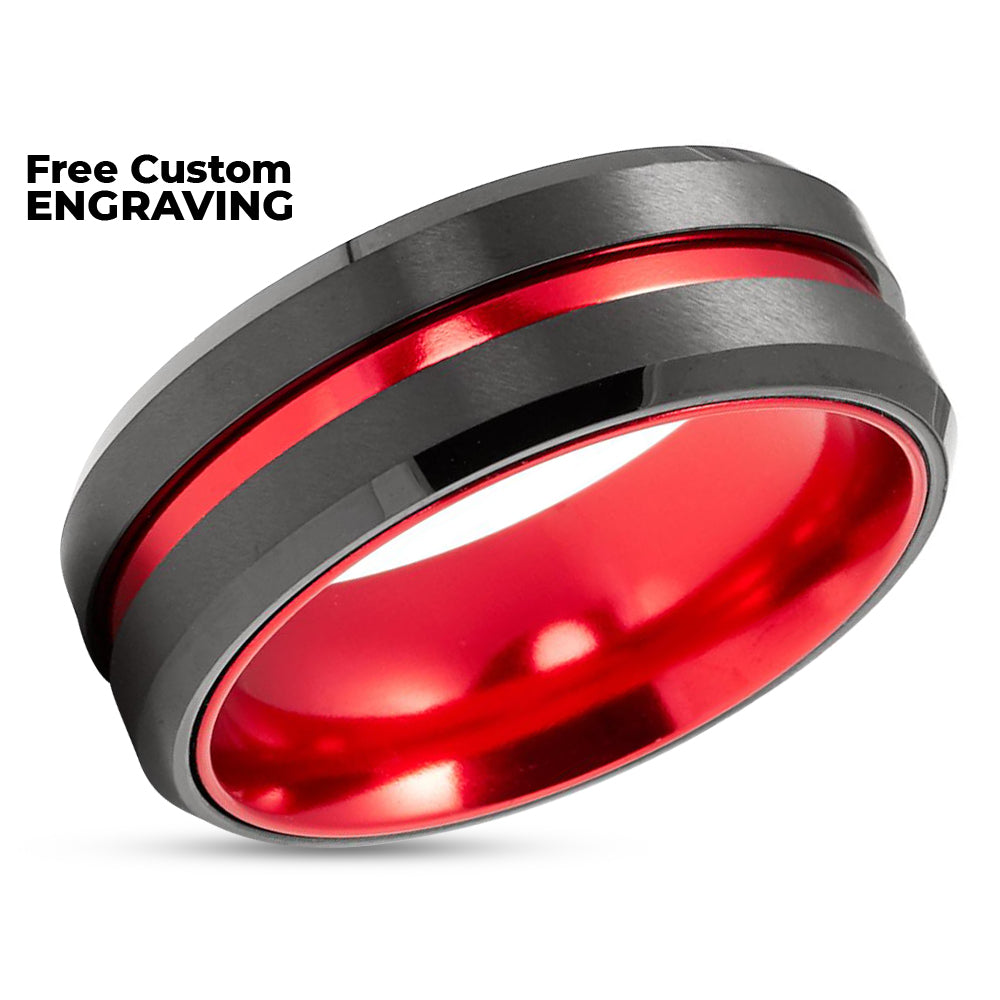 Red Tungsten Wedding Ring - Black Tungsten Ring - Red Wedding Ring - Red Wedding Band