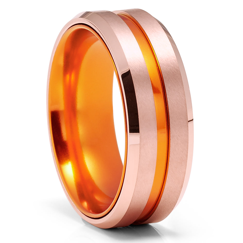 Orange Wedding Band - Tungsten Wedding Ring - Rose Gold Ring - Tungsten Ring