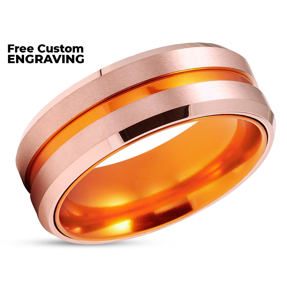 Orange Wedding Band - Tungsten Wedding Ring - Rose Gold Ring - Tungsten Ring