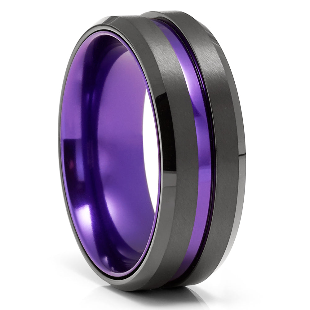 Purple Wedding Ring - Black Tungsten Ring - Black Wedding Band - Purple Tungsten Ring
