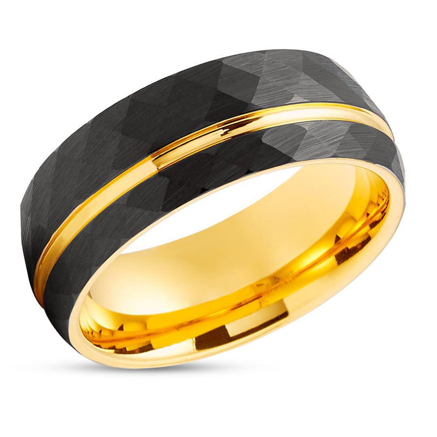 Yellow Gold Tungsten Ring - Hammered Ring - 8mm Black Tungsten Ring - Yellow Gold