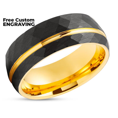 Yellow Gold Tungsten Ring - Hammered Ring - 8mm Black Tungsten Ring - Yellow Gold