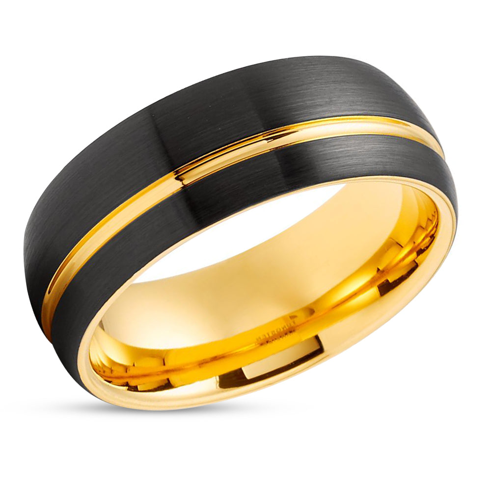 8mm Yellow Gold Ring - Black Wedding Ring - Tungsten Wedding Band - Men & Women