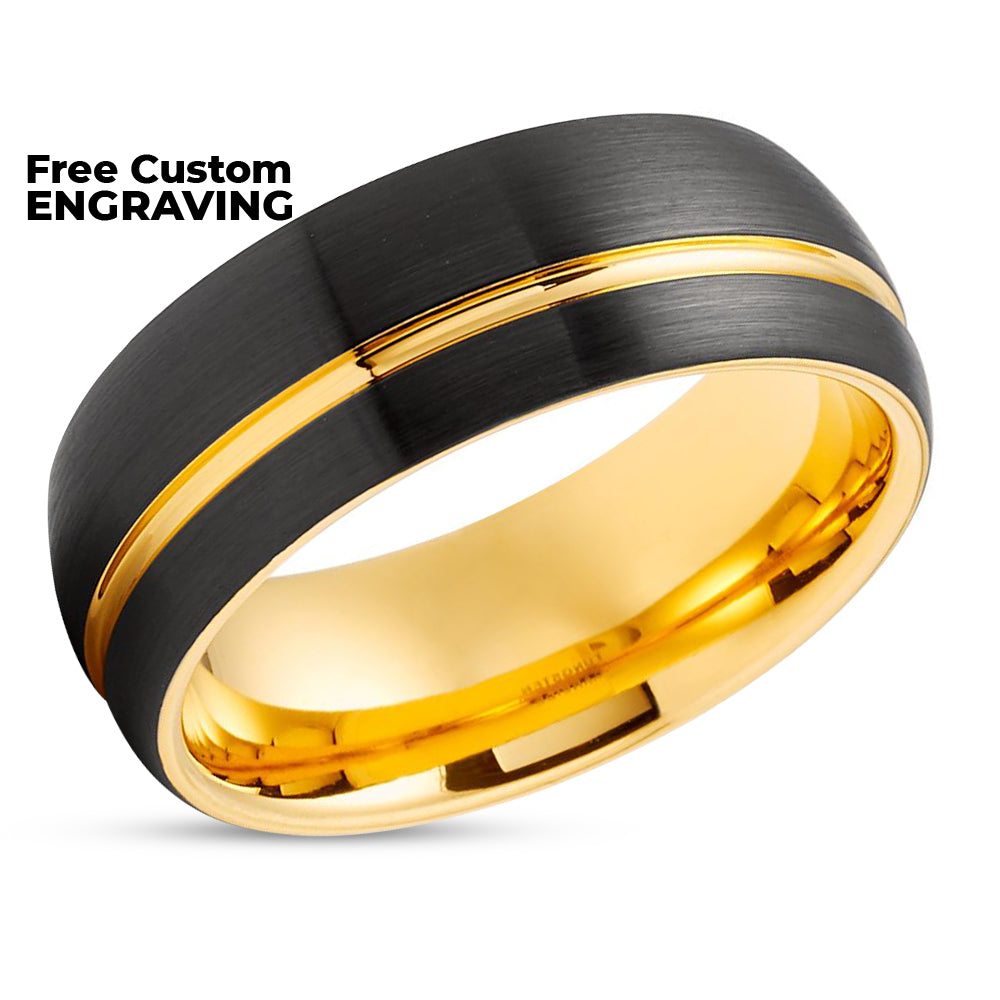 8mm Yellow Gold Ring - Black Wedding Ring - Tungsten Wedding Band - Men & Women