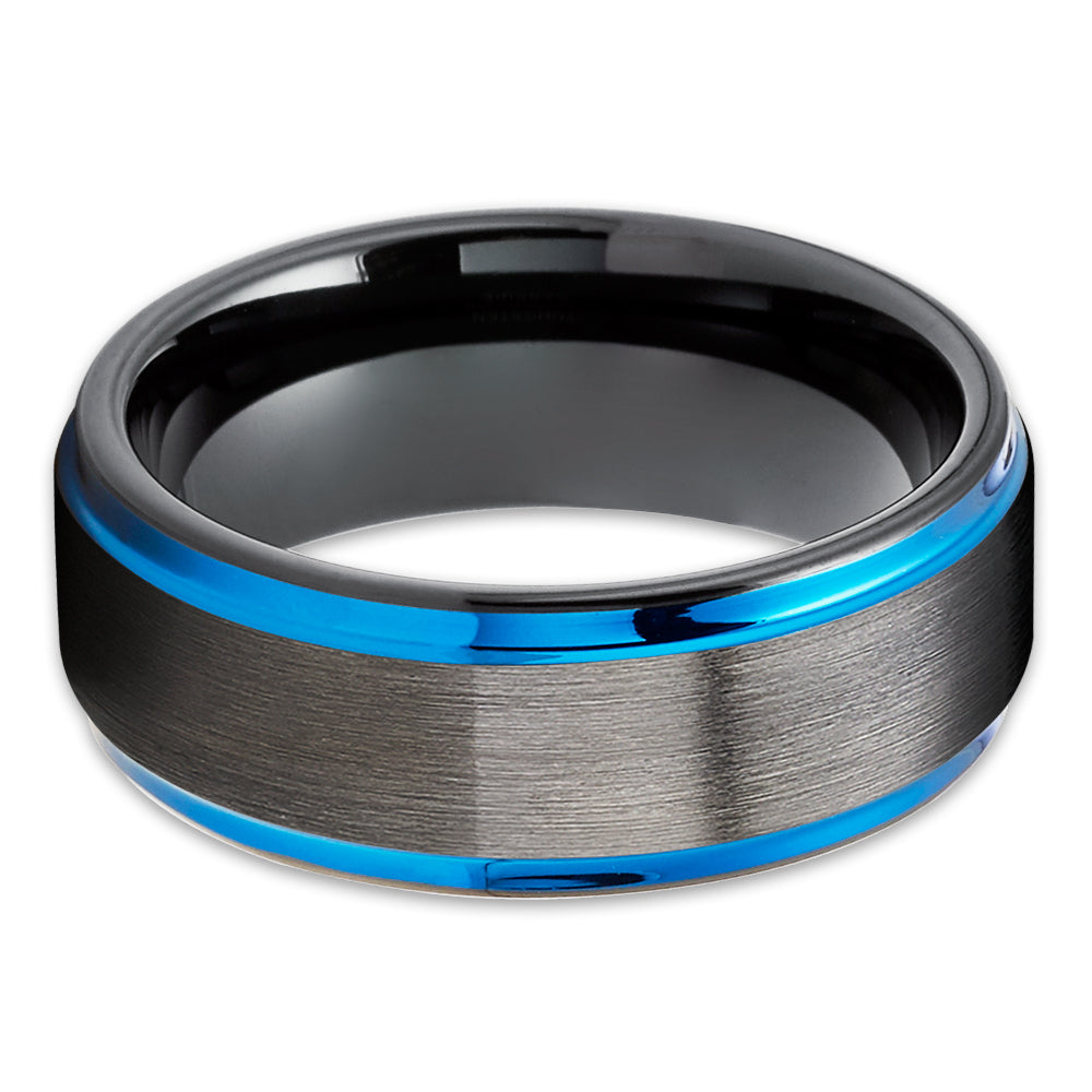 Gunmetal Tungsten Wedding Rings - Blue Tungsten Rings - Men & Women - Black Tungsten Rings