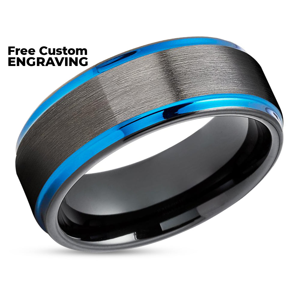 Gunmetal Tungsten Wedding Rings - Blue Tungsten Rings - Men & Women - Black Tungsten Rings