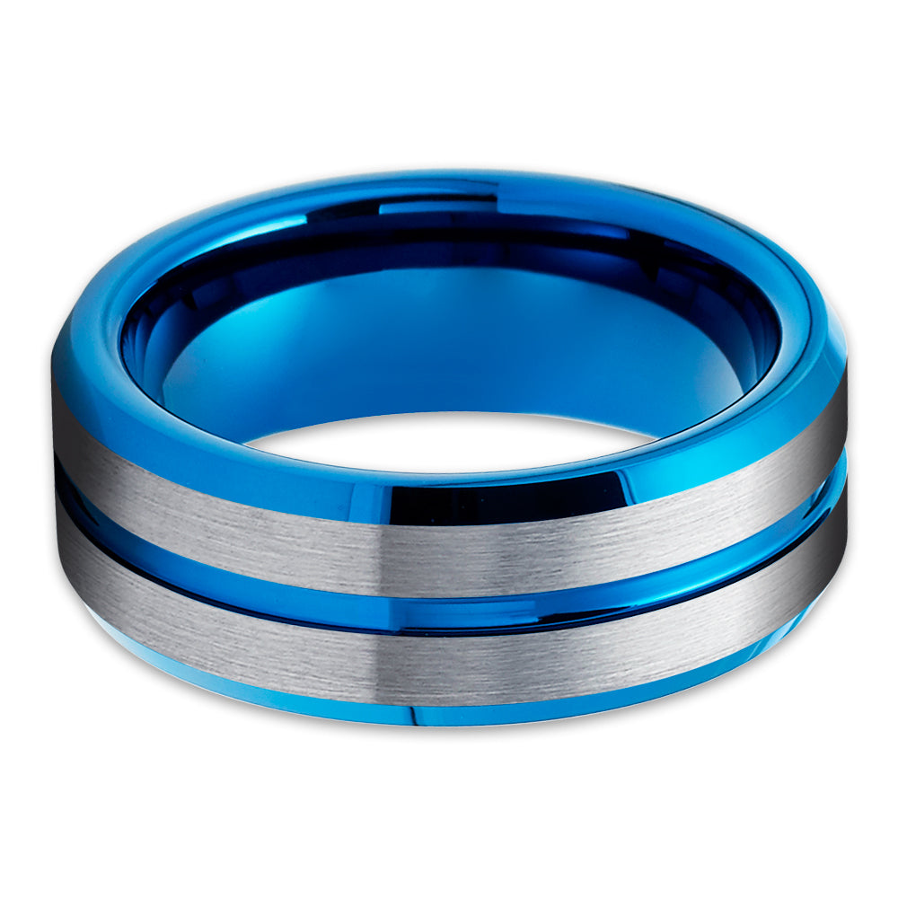 Men's Blue Tungsten Wedding Ring - Blue Tungsten Ring - Anniversary Ring - Gray Tungsten Ring