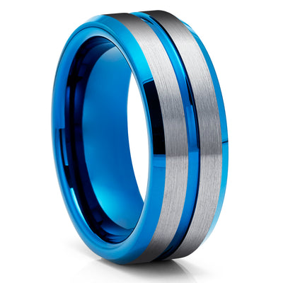 Men's Blue Tungsten Wedding Ring - Blue Tungsten Ring - Anniversary Ring - Gray Tungsten Ring