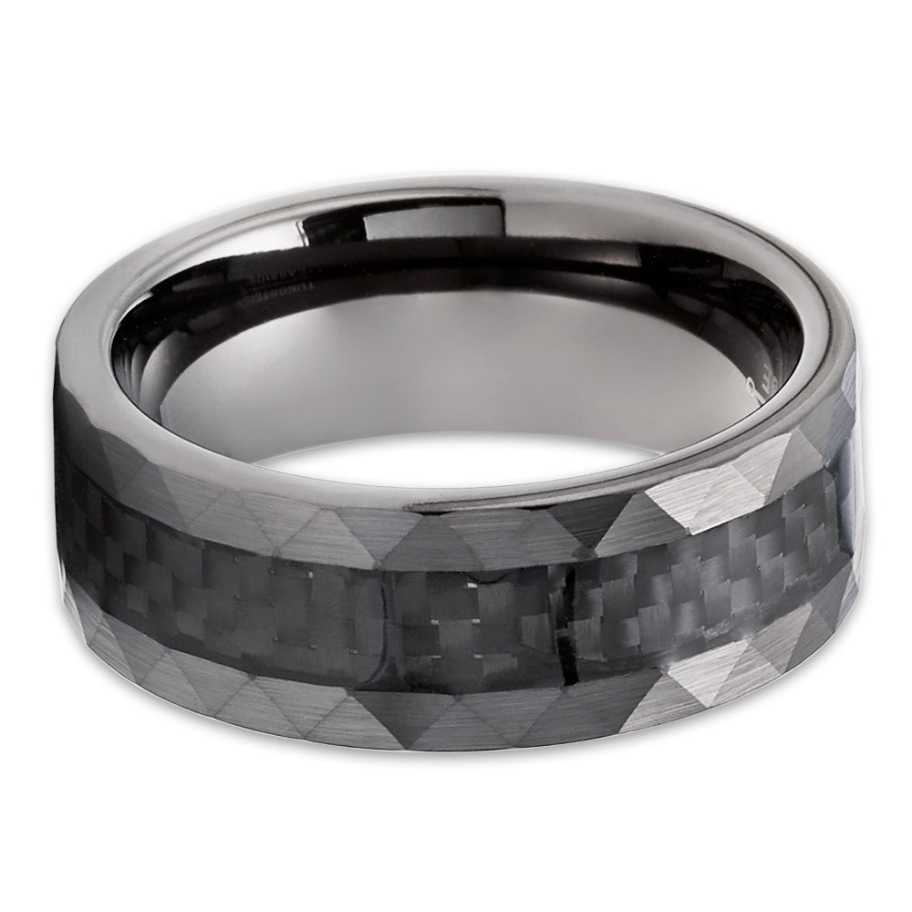 Gunmetal Tungsten Ring - Carbon Fiber Tungsten Ring - 8mm Wedding Ring - Hammered Edges