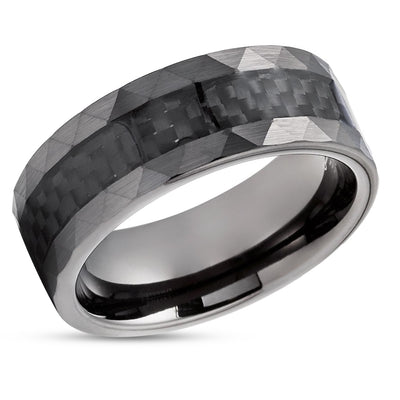 Gunmetal Tungsten Ring - Carbon Fiber Tungsten Ring - 8mm Wedding Ring - Hammered Edges