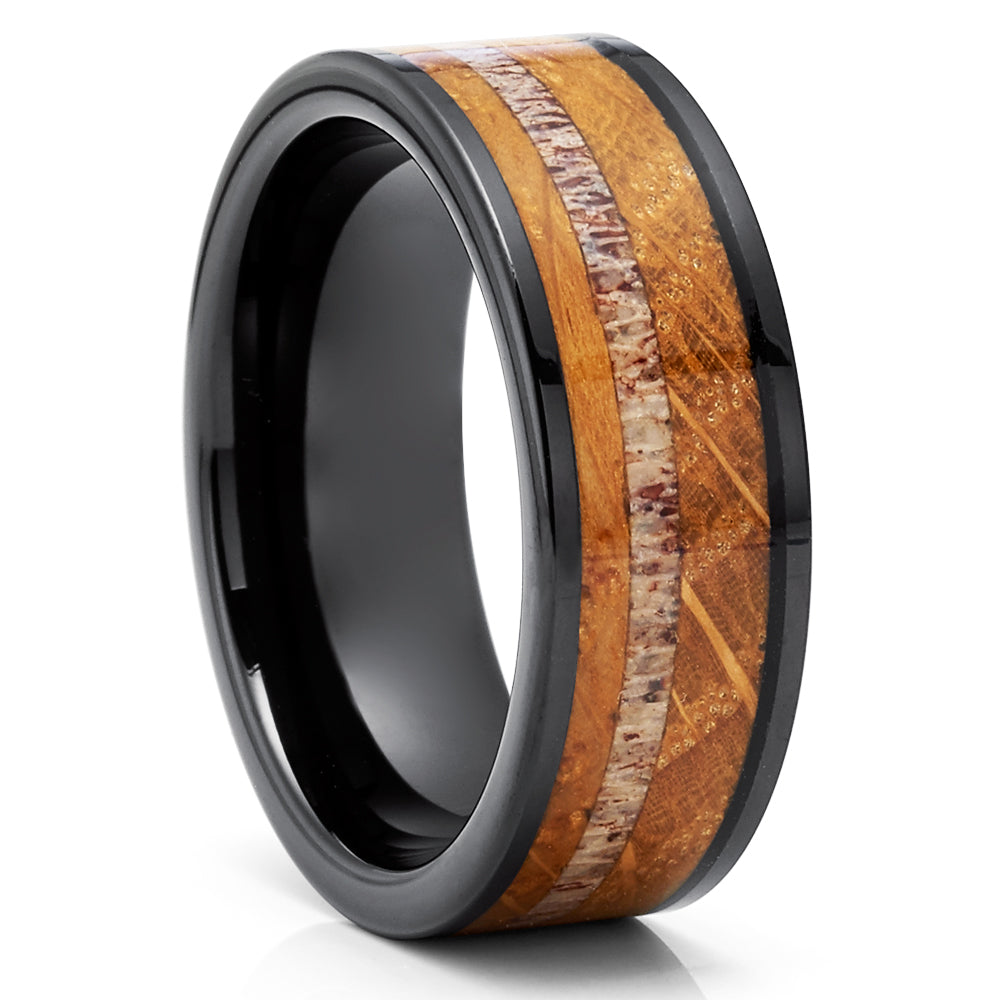 Whiskey Barrel Wedding Rings - Whiskey Barrel Tungsten Ring - Deer Antler Ring - 8mm